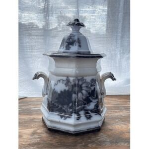 Vintage 1800s Antique Black Transferware Ironstone Sugar‎ Container with Lid